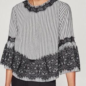 Zara Black and white stripped lace bell sleeve top